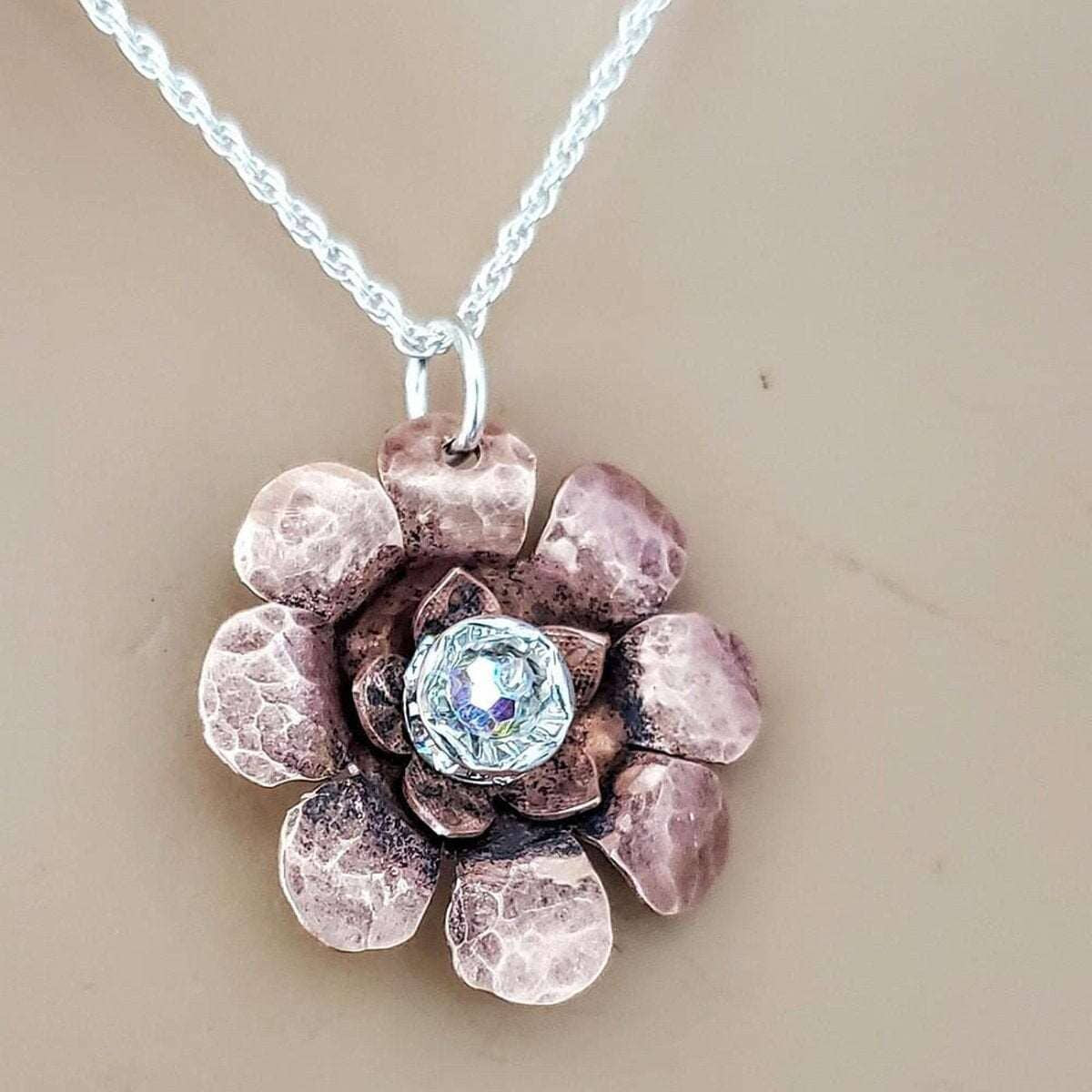 Copper Crystal Flower Blossom Fidget Spinner Necklace