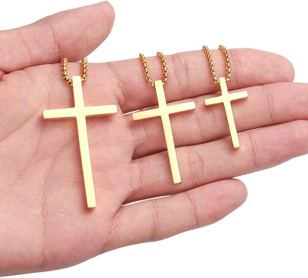 Cross Necklace for Men Teen Boys, Silver Black Gold Stainless Steel Plain Cross Pendant Necklace Box Chain 16-30 Inch