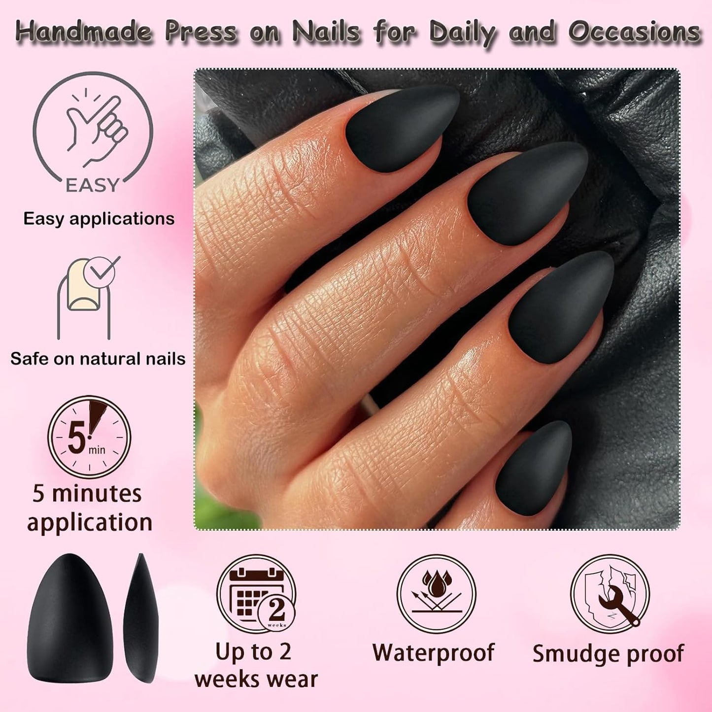 360Pc Almond Press-On Short Fake Nails with Glue Tabs, Short False Nails Black Acrylic XS Stiletto Artificial Nails