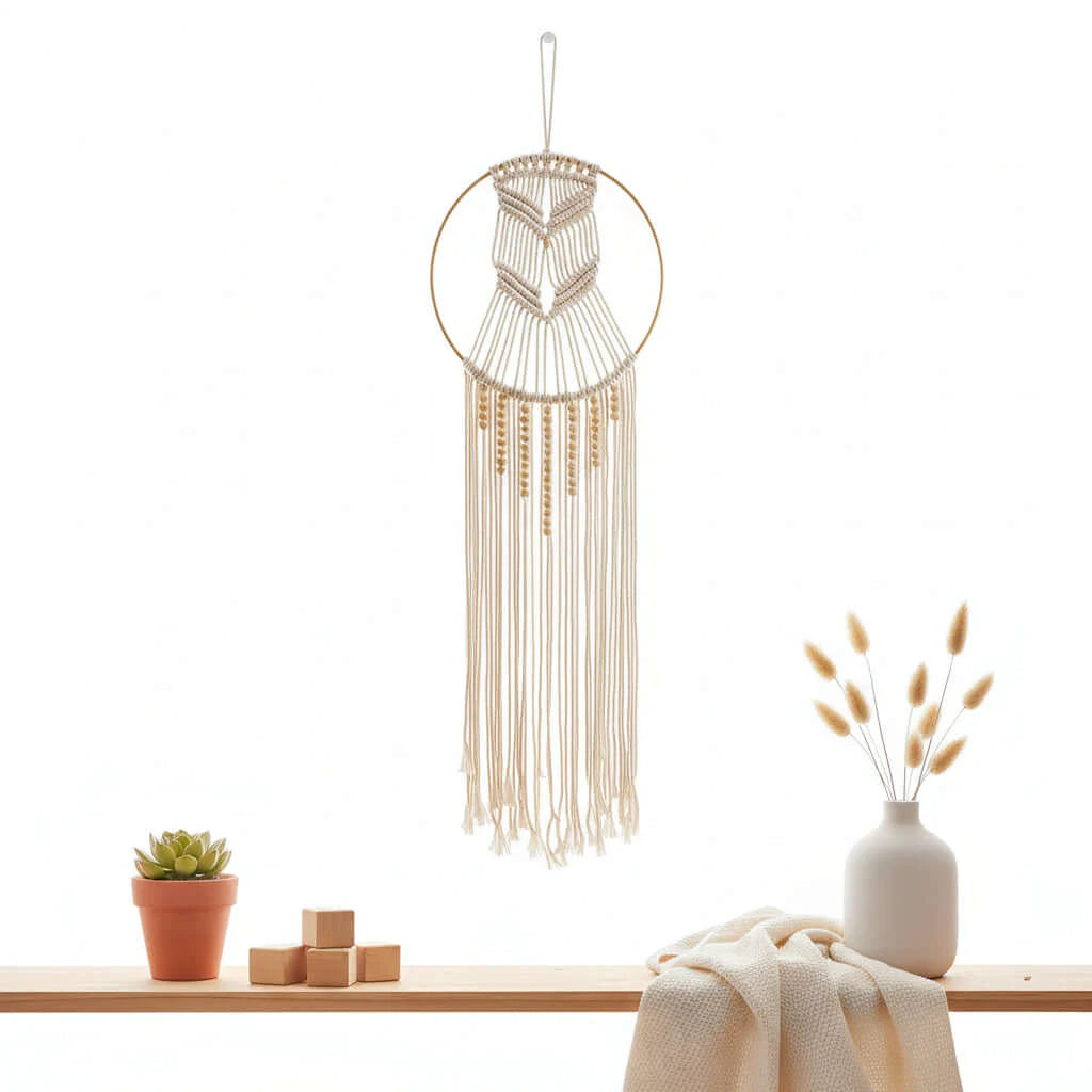 Boho Macrame Wall Shelf Hanging – Woven Cotton Decor with Bamboo Ring
