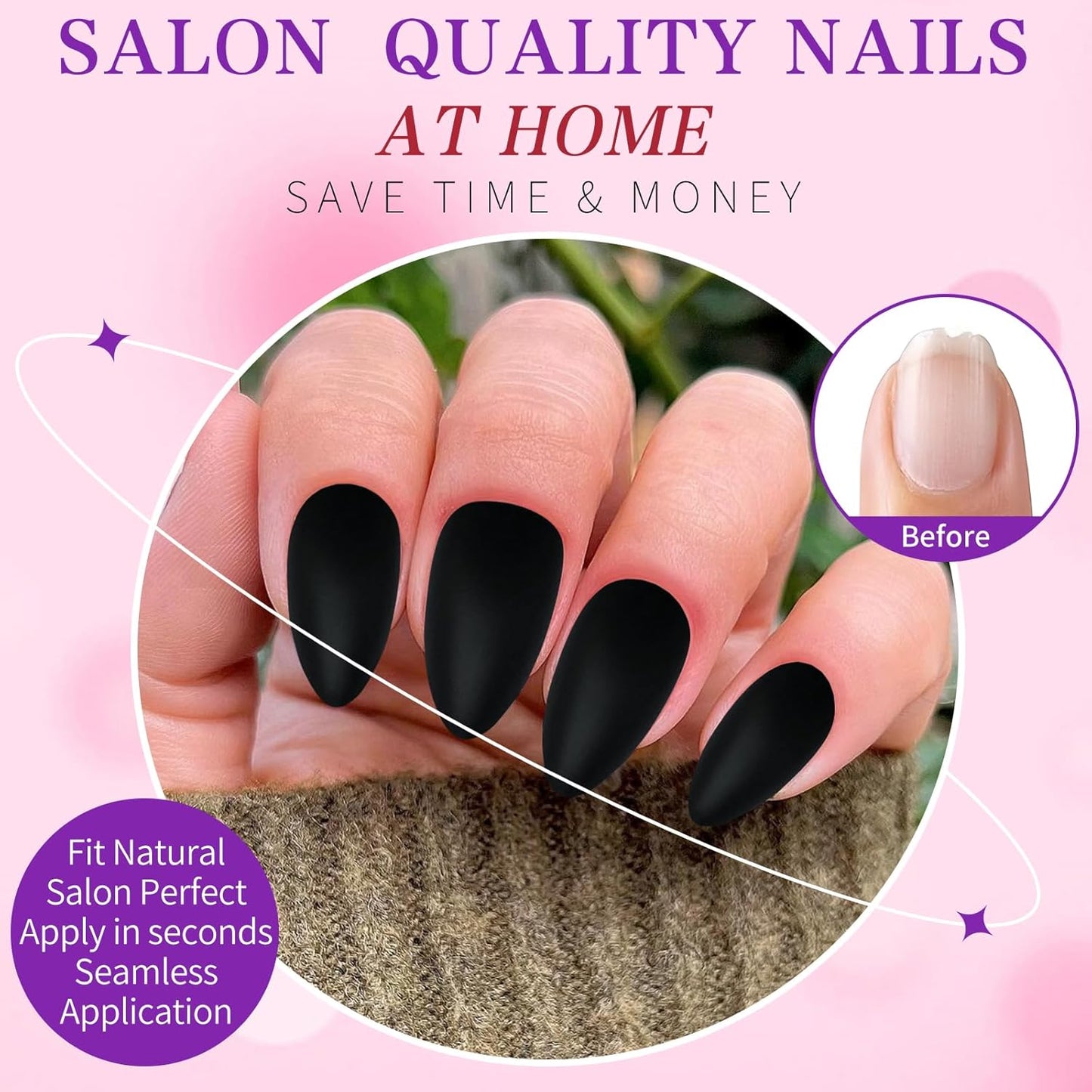 360Pc Almond Press-On Short Fake Nails with Glue Tabs, Short False Nails Black Acrylic XS Stiletto Artificial Nails
