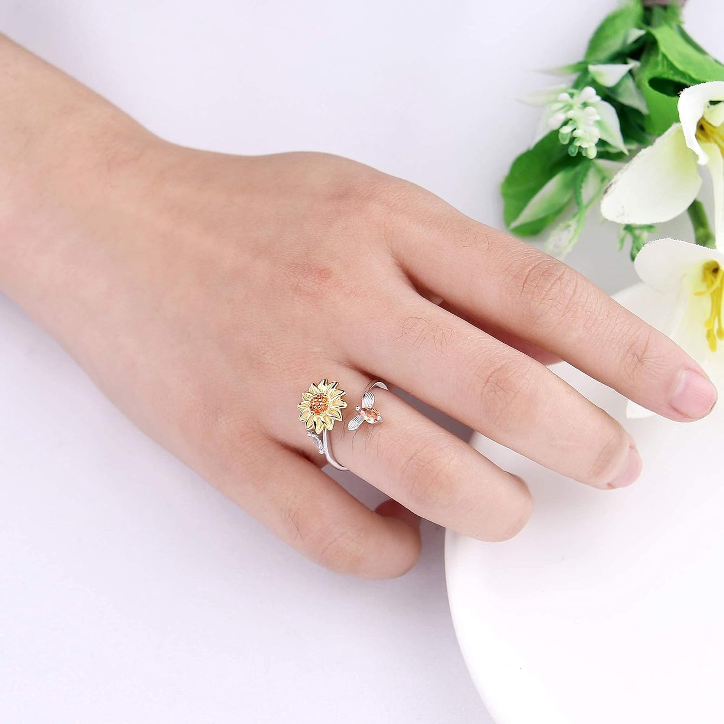 S925 Sterling Silver Fidget Rings for Women Adjustable Open Ring Cubic Zirconia Sunflower You Are My Sunshine Ring Spinner Gift for Valentine'S Day