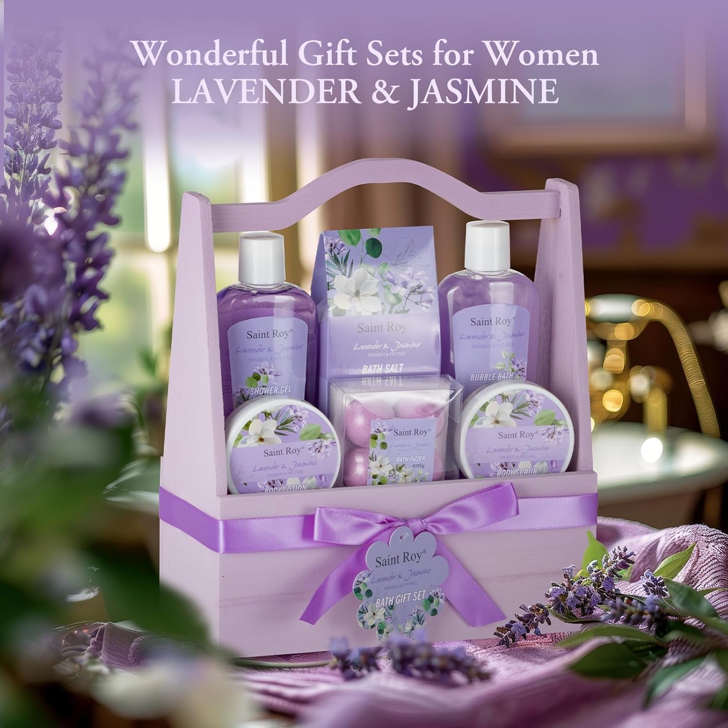 Mothers Day Gifts for Women, Bath and Body Gift Basket Set for Women, Birthday Gifts for Woman Self Care Get, Jasmine Spa Gift Basket 13-Pcs Bath Gift Set, Home Spa Gift Basket, Lavender Gift Baskets