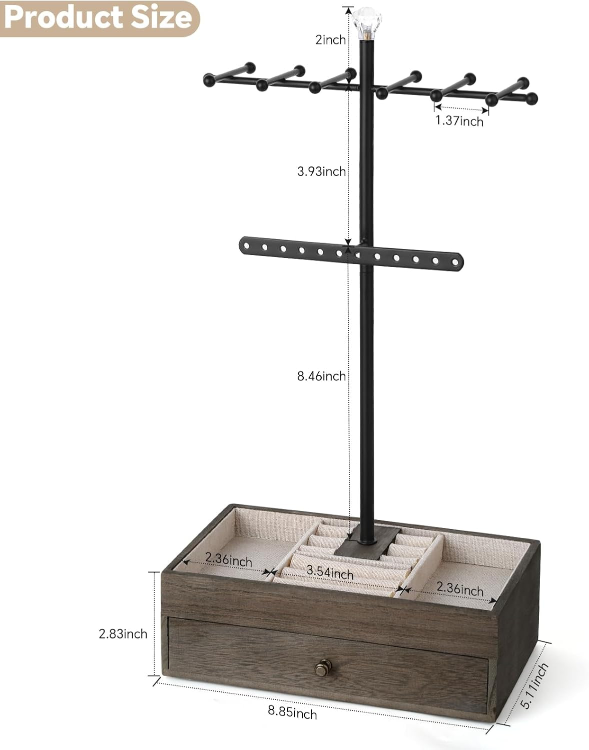 Jewelry Organizer Stand, 3-Tier Necklace Holder Jewelry Tree with Wooden Storage Drawer Box for Necklace Bracelet Earring Ring, Walnut
