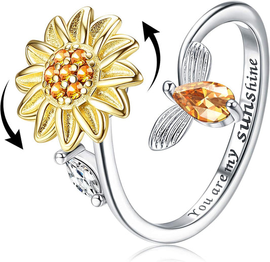 S925 Sterling Silver Fidget Rings for Women Adjustable Open Ring Cubic Zirconia Sunflower You Are My Sunshine Ring Spinner Gift for Valentine'S Day