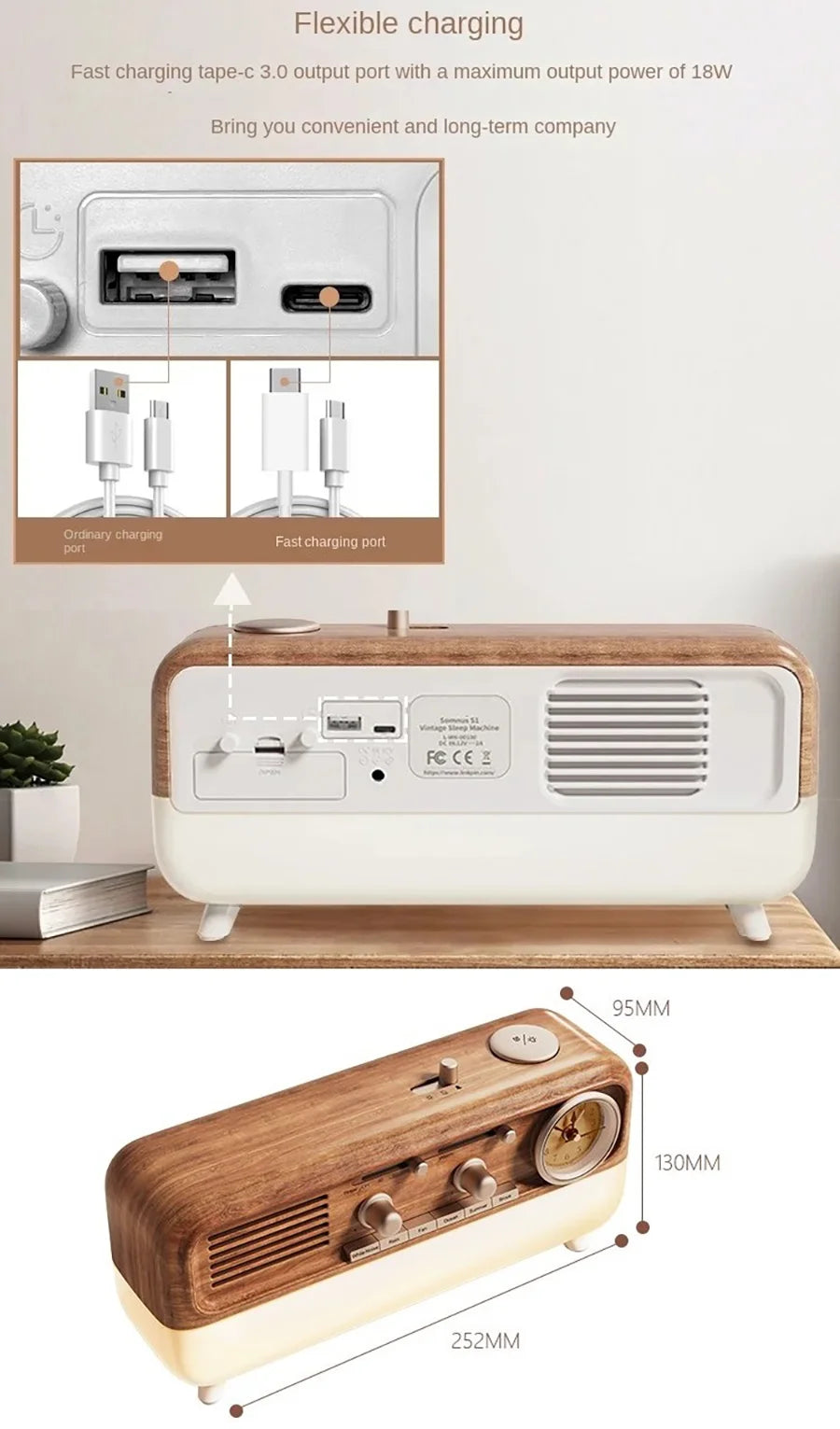 Vintage Sleep Sound Machine Sunrise Simulation Wake Up Alarm Clock Bedside Night Light Faux Wood Grain White Noise Sound Machine