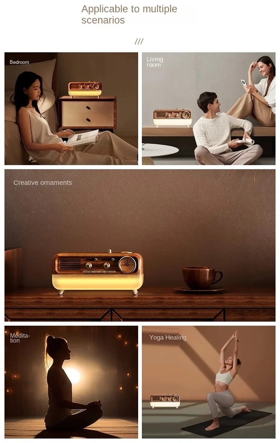 Vintage Sleep Sound Machine Sunrise Simulation Wake Up Alarm Clock Bedside Night Light Faux Wood Grain White Noise Sound Machine
