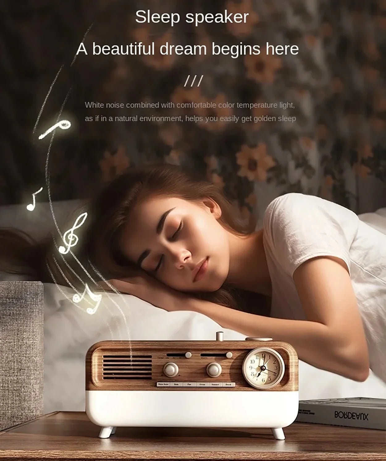 Vintage Sleep Sound Machine Sunrise Simulation Wake Up Alarm Clock Bedside Night Light Faux Wood Grain White Noise Sound Machine