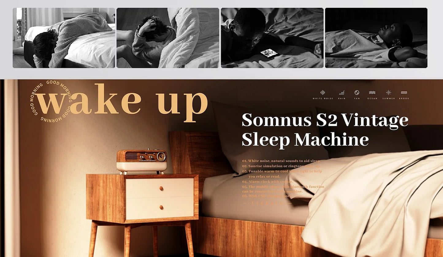 Vintage Sleep Sound Machine Sunrise Simulation Wake Up Alarm Clock Bedside Night Light Faux Wood Grain White Noise Sound Machine