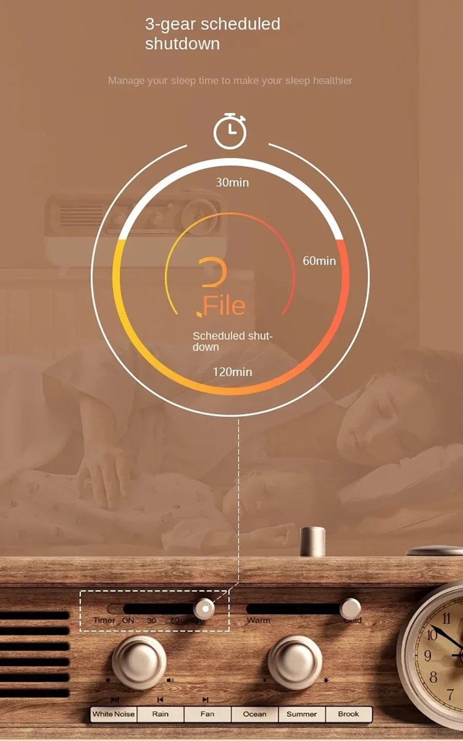Vintage Sleep Sound Machine Sunrise Simulation Wake Up Alarm Clock Bedside Night Light Faux Wood Grain White Noise Sound Machine