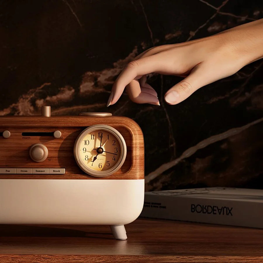 Vintage Sleep Sound Machine Sunrise Simulation Wake Up Alarm Clock Bedside Night Light Faux Wood Grain White Noise Sound Machine