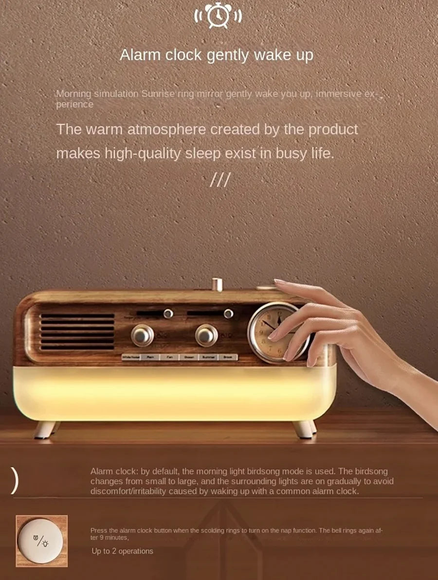 Vintage Sleep Sound Machine Sunrise Simulation Wake Up Alarm Clock Bedside Night Light Faux Wood Grain White Noise Sound Machine