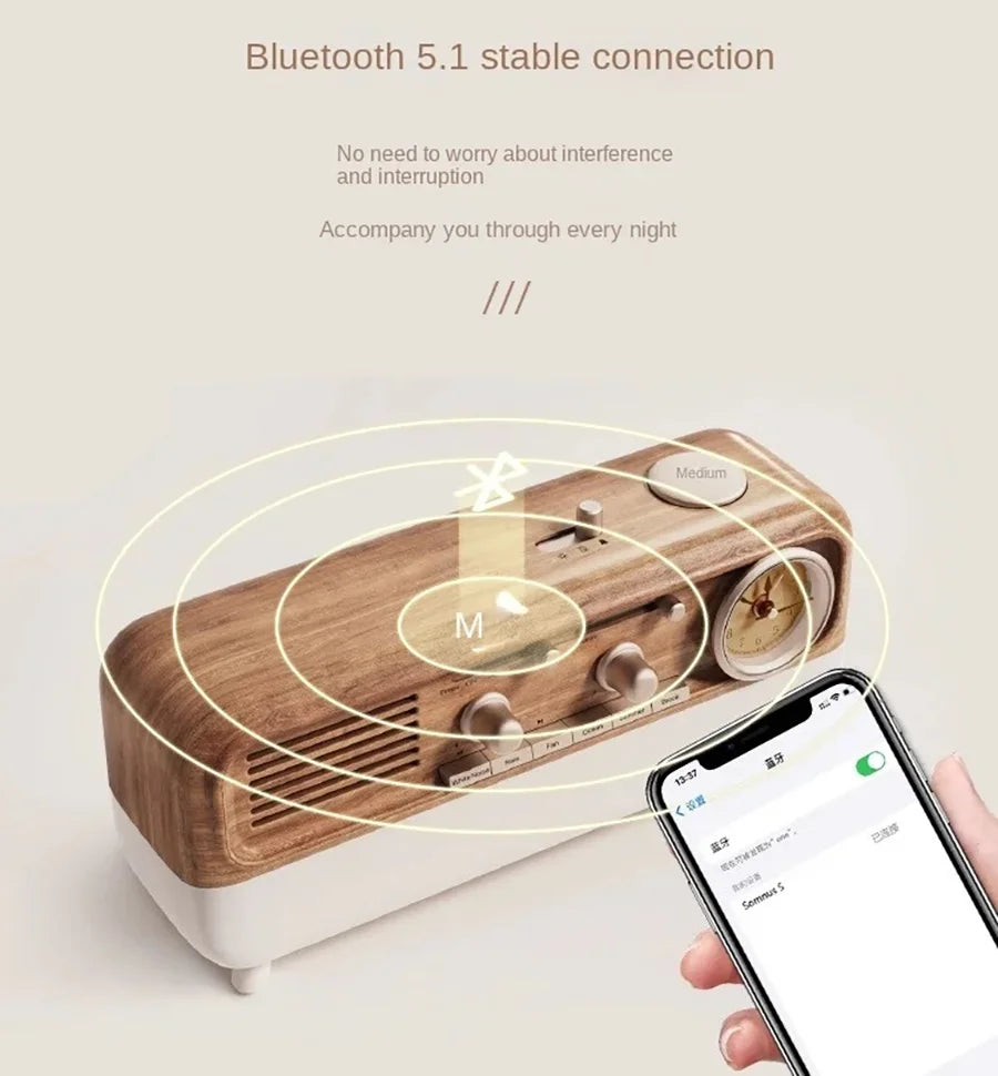 Vintage Sleep Sound Machine Sunrise Simulation Wake Up Alarm Clock Bedside Night Light Faux Wood Grain White Noise Sound Machine