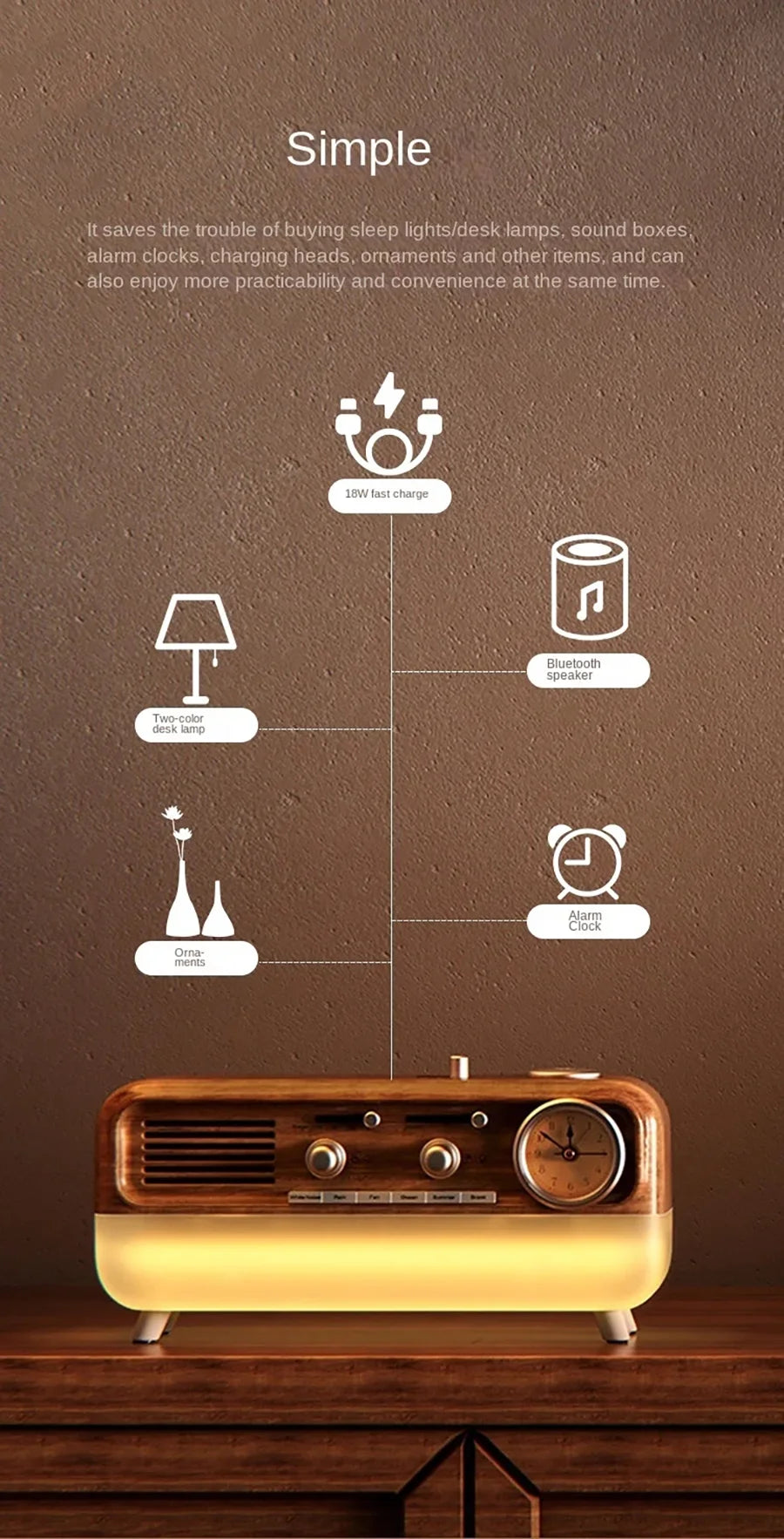 Vintage Sleep Sound Machine Sunrise Simulation Wake Up Alarm Clock Bedside Night Light Faux Wood Grain White Noise Sound Machine