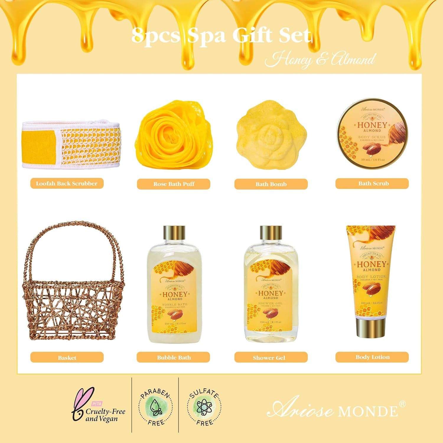 Mothers Day Birthday Spa Gifts for Women, 8Pcs Honey Almond Bath Gift Set for Women, Relaxation Self Care Spa Kit W/Bath Bomb, Bubble Bath, Mom Sister Female Christmas Thank You Gifts