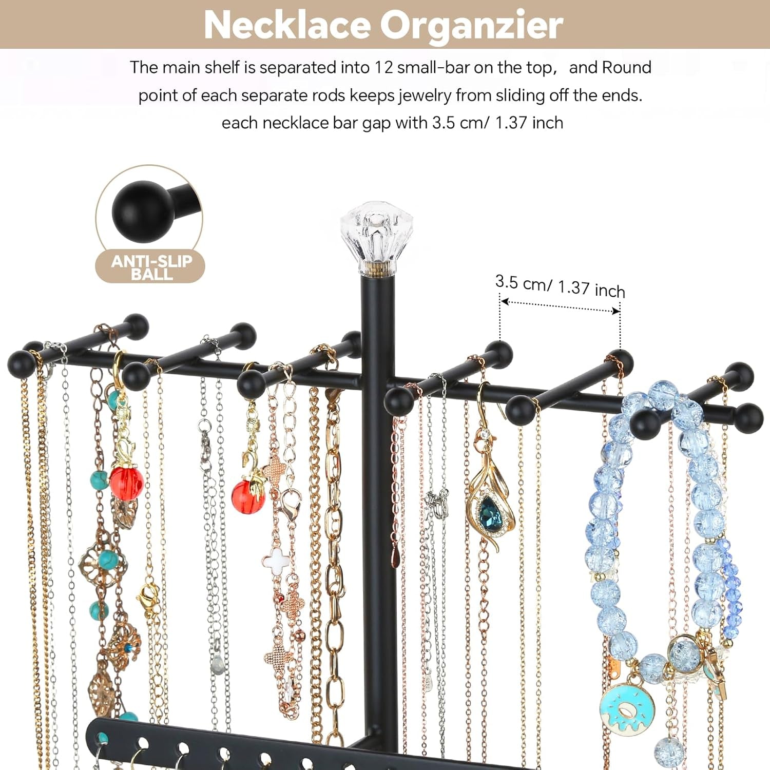 Jewelry Organizer Stand, 3-Tier Necklace Holder Jewelry Tree with Wooden Storage Drawer Box for Necklace Bracelet Earring Ring, Walnut