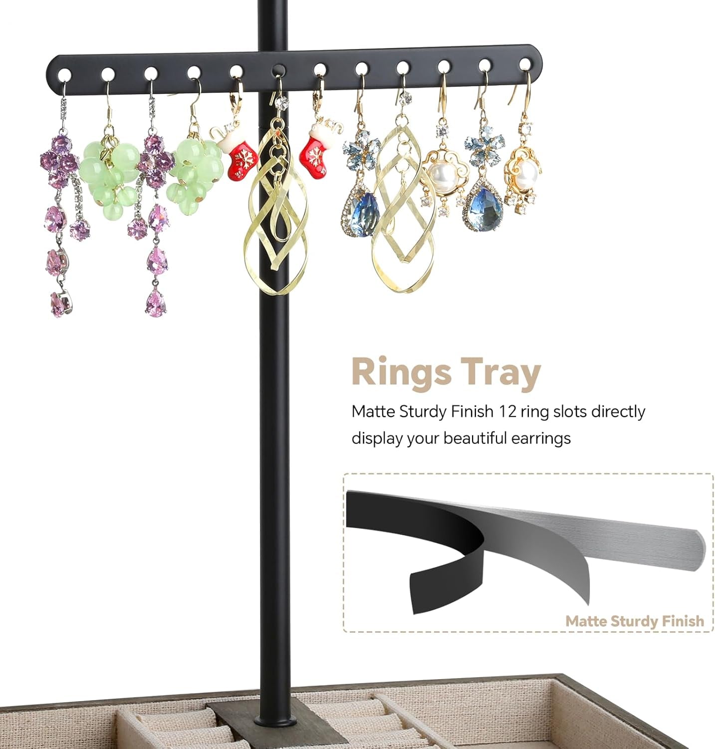 Jewelry Organizer Stand, 3-Tier Necklace Holder Jewelry Tree with Wooden Storage Drawer Box for Necklace Bracelet Earring Ring, Walnut