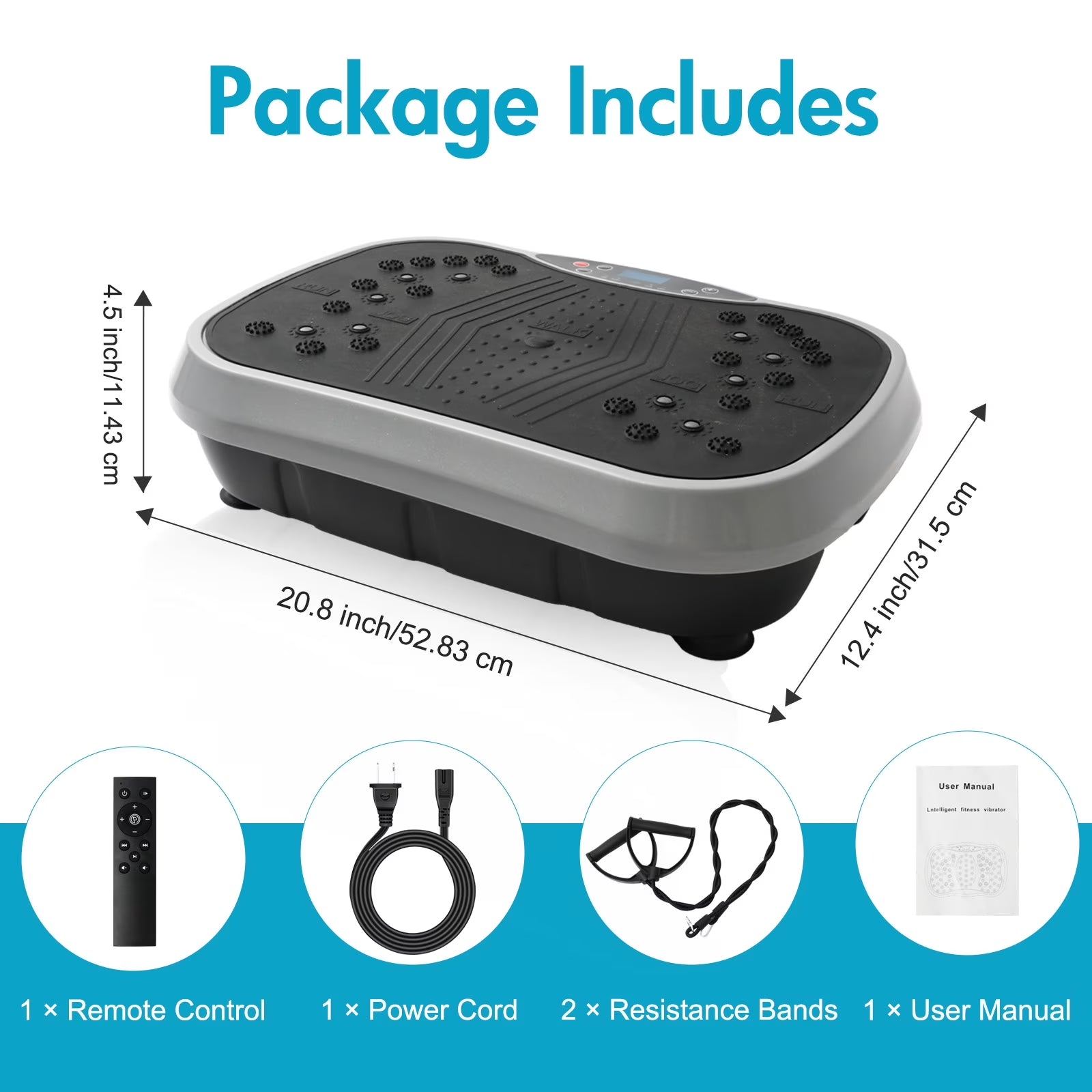 Vibration Plate Exercise Machine, Full Body Workout Machine for Weight Loss, Vibrating Board 300LBS Capacity, Vibration Platform with Resistance Bands, Remote Control, Silver-White