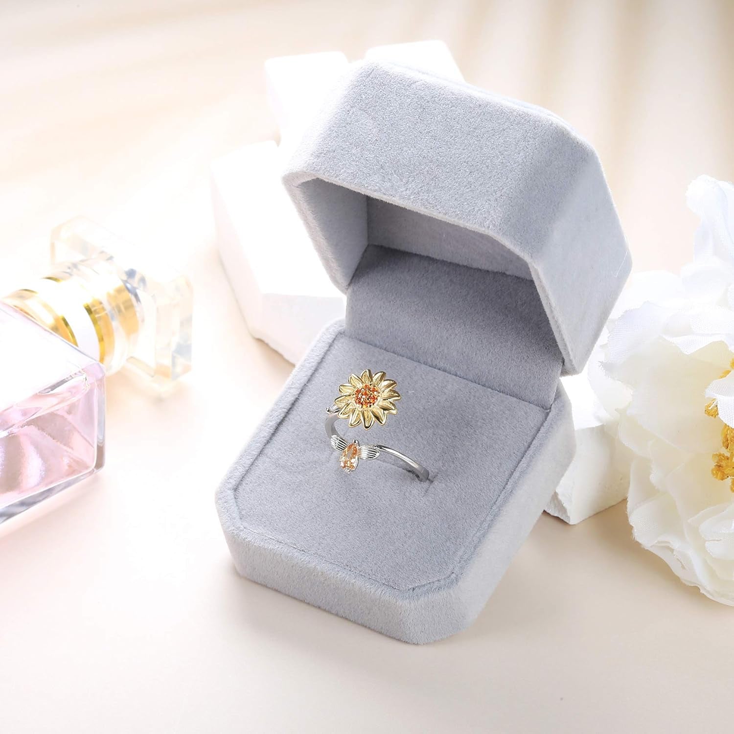 S925 Sterling Silver Fidget Rings for Women Adjustable Open Ring Cubic Zirconia Sunflower You Are My Sunshine Ring Spinner Gift for Valentine'S Day