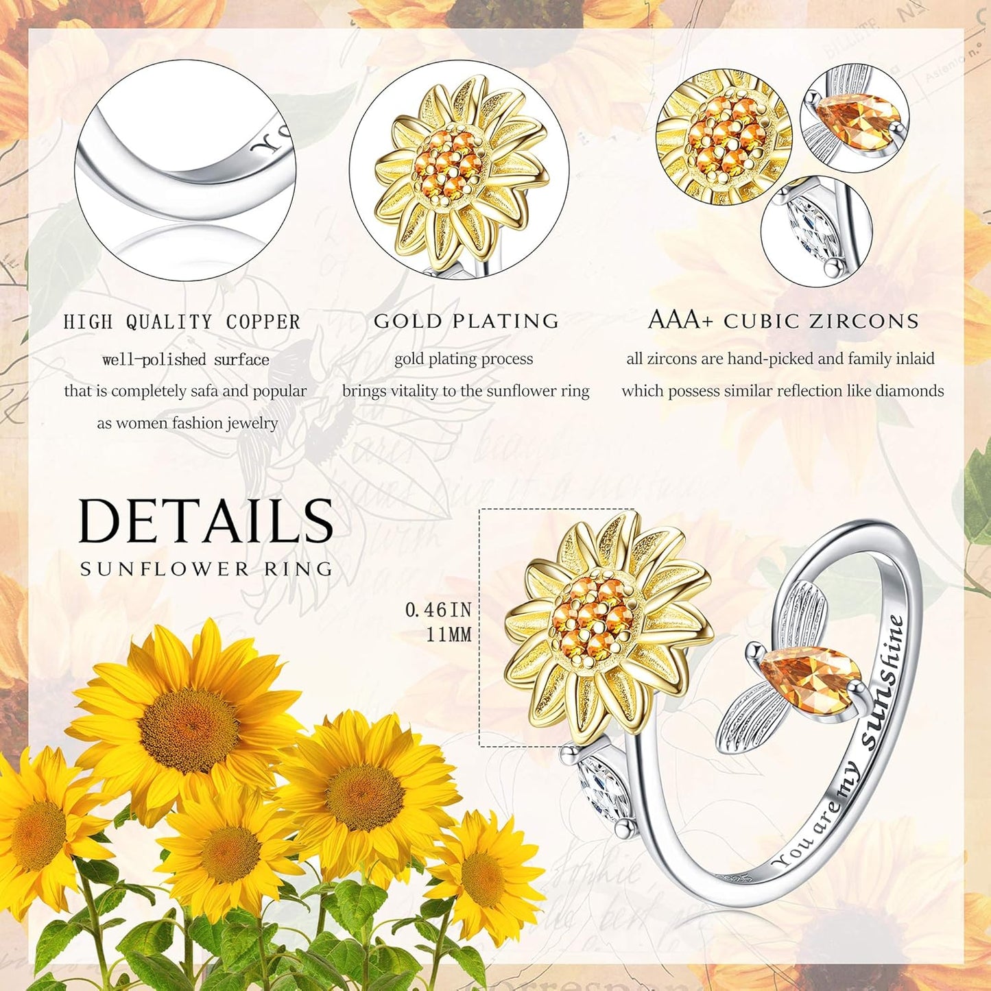 S925 Sterling Silver Fidget Rings for Women Adjustable Open Ring Cubic Zirconia Sunflower You Are My Sunshine Ring Spinner Gift for Valentine'S Day